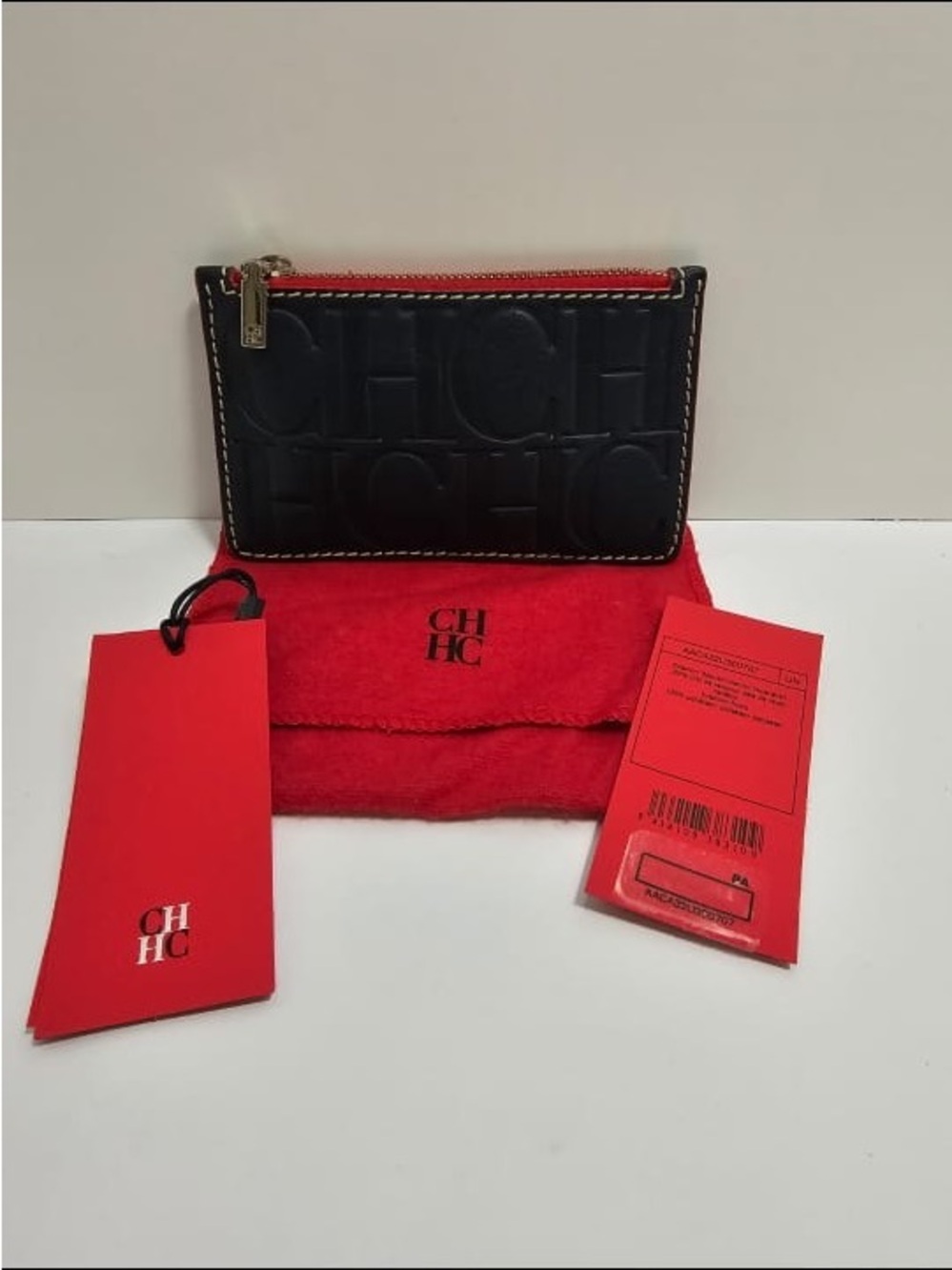 Carolina Herrera Andy Navy CHCH Embossed Leather Key Pouch Card Case - Like New